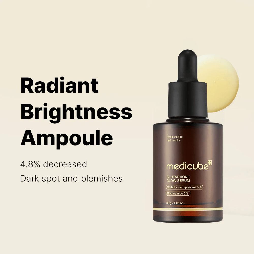 Medicube Radiant Brightness Ampoule – Glutathione Glow Serum med 5% glutathione-liposom och 5% niacinamid. Reducerar mörka fläckar och ojämn hudton för en strålande lyster.